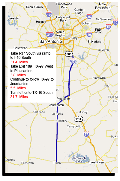 Map From San Antonio to Tilden